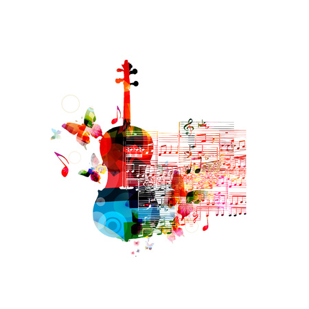 Creative music style template vector illustration, colorful violoncello, music instrument with music staff and notes background. Poster, brochure, banner, concert, music festival, music shop designのイラスト素材