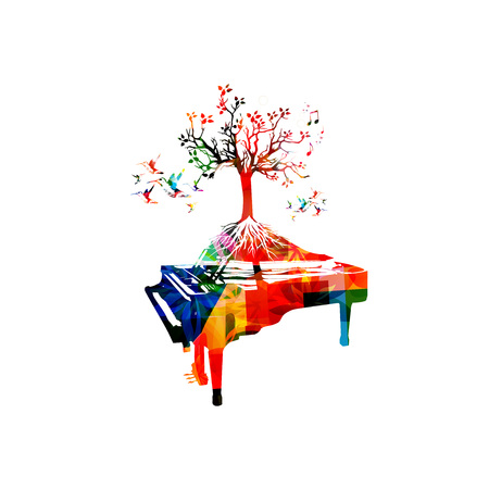 Creative music style template vector illustration, colorful piano, tree inspired instrument background with music notes. Poster, brochure, banner, flyer, concert, music festival, music shop designのイラスト素材