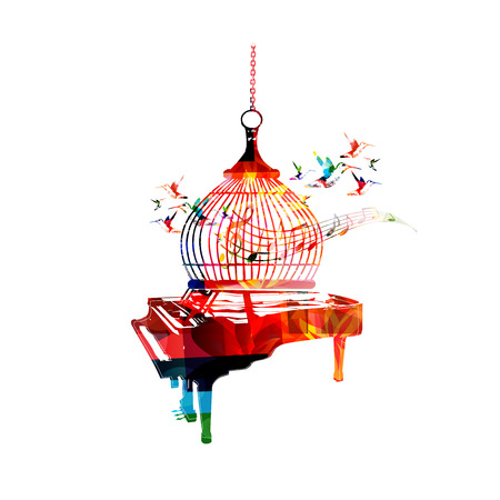 Creative music style template vector illustration, colorful piano, music instrument background with music notes and birdcage. Poster, brochure, banner, flyer, concert, festival, music shop designのイラスト素材