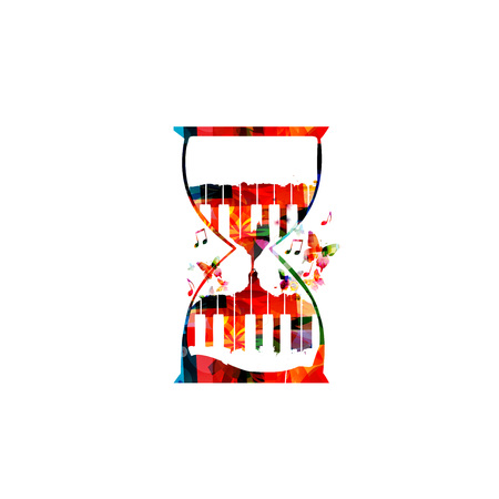 Music template vector illustration, colorful piano keys inside hourglass, music instrument...