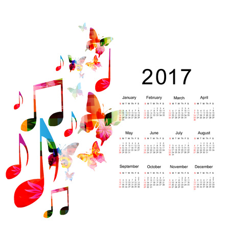Calendar planner 2017 design template with colorful music notes. Music themed calendar poster, week starts Sunday. Organization management concept, calendar isolated, vector illustration backgroundのイラスト素材
