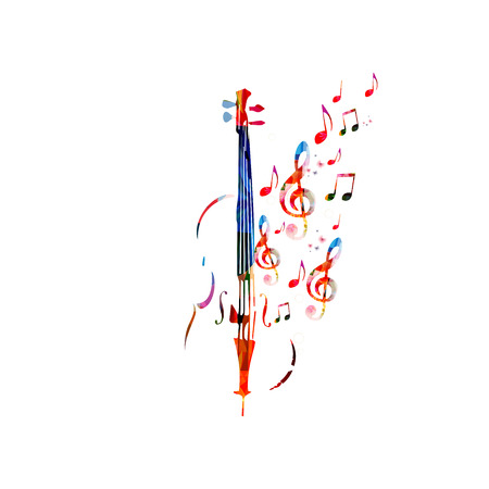 Colorful violoncello with music notes. Music background. Music instrument poster with music notes. Cello design with g-clef. Treble clef and music notes, musical symbols with violoncello.のイラスト素材