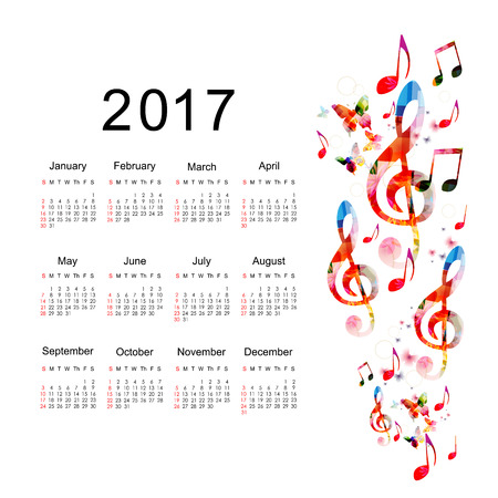 Calendar planner 2017 design template with colorful music notes. Music themed calendar poster, week starts Sunday. Organization management concept, calendar isolated, vector illustration backgroundのイラスト素材