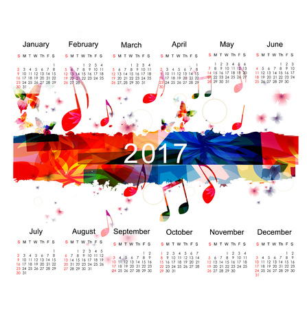 Calendar planner 2017 design template with colorful music notes. Calendar poster, week starts Sunday. Calendar organizer. Calendar isolated, vector illustration background. Monthly calendar layoutのイラスト素材