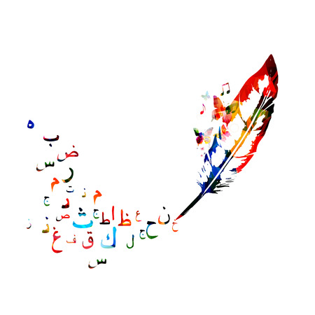 Arabic Islamic calligraphy symbols with feather vector illustration. Colorful Arabic alphabet text design. Typography background, education concept, creative writing and storytellingのイラスト素材