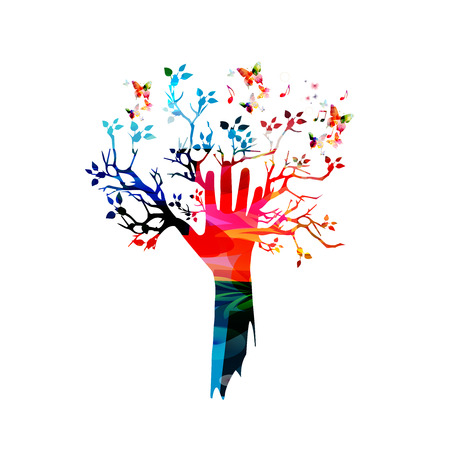 Colorful human hand with tree and butterflies vector illustrationのイラスト素材