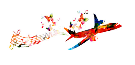 Colorful airplane with music notes and butterflies vector illustrationのイラスト素材