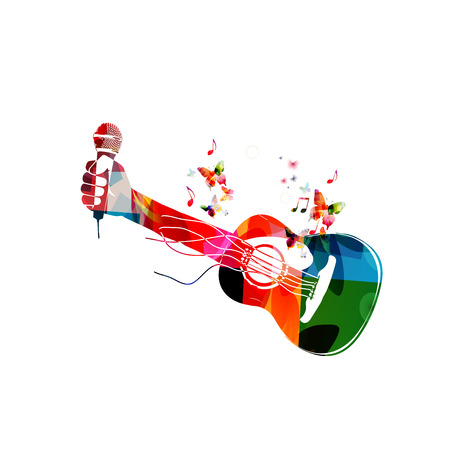 Colorful acoustic guitar with hand and microphone. Music instrument with music notes background vector illustration. Design for poster, brochure, invitation, banner, flyer, concert and music festivalのイラスト素材