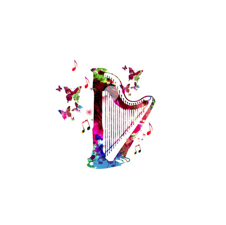 Colorful concert harp with butterflies isolated vector illustration. Music background for poster, brochure, banner, flyer, concert, music festival. Music instrument isolatedのイラスト素材