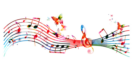 Colorful stave with music notes and butterflies isolated vector illustration. Music background for poster, brochure, banner, flyer, concert, music festivalのイラスト素材