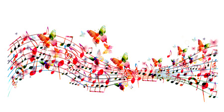 Colorful stave with music notes and butterflies isolated vector illustration. Music background for poster, brochure, banner, flyer, concert, music festivalのイラスト素材