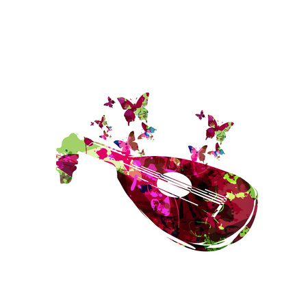 Colorful lute with butterflies isolated. Music instrument background vector illustration. Design for poster, brochure, invitation, banner, flyer, concert and music festivalのイラスト素材
