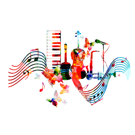 Colorful music instruments with music notes and butterflies isolated vector illustration. Music background. Piano keyboard, guitar, violoncello, trumpet, saxophone and microphone backgroundのイラスト素材