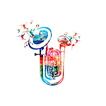 Colorful double bell euphonium with music notes and hummingbirds isolated vector illustration. Music instrument background for poster, brochure, banner, flyer, concert, music festivalのイラスト素材