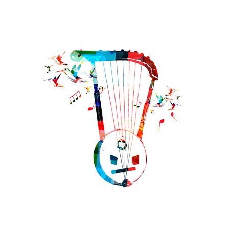 Colorful semsemia harp with music notes and hummingbirds isolated vector illustration. Music instrument background for poster, brochure, banner, flyer, concert, music festivalのイラスト素材