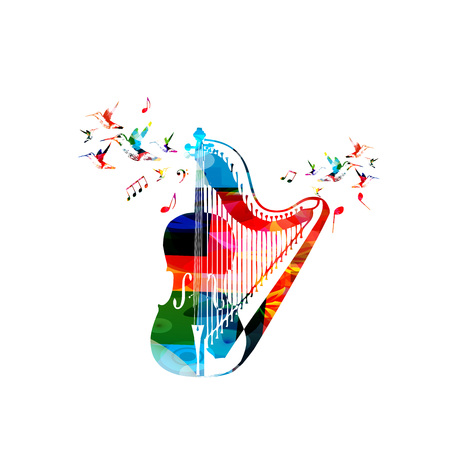 Colorful violoncello with harp and hummingbirds isolated vector illustration. Music instrument background for poster, brochure, banner, flyer, concert, music festivalのイラスト素材