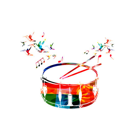 Colorful drum with music notes and hummingbirds isolated vector illustration. Music instrument background for poster, brochure, banner, flyer, concert, music festivalのイラスト素材