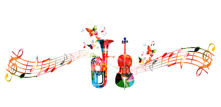 Colorful euphonium and violoncello with music notes and butterflies isolated vector illustration. Music instrument background for poster, brochure, banner, flyer, concert, music festivalのイラスト素材