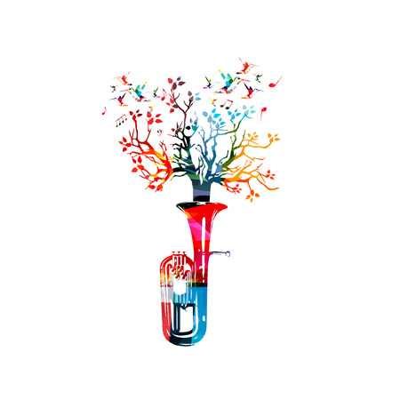 Colorful euphonium with treetop and music notes isolated vector illustration. Music instrument background for poster, brochure, banner, flyer, concert, music festivalのイラスト素材