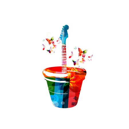 Music instrument background. Colorful guitar in flower pot isolated vector illustrationのイラスト素材