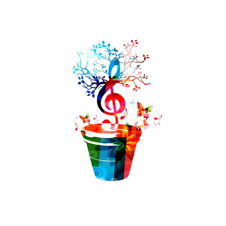 Music notes background. Colorful G-clef in flower pot isolated vector illustration. Treble clef designのイラスト素材