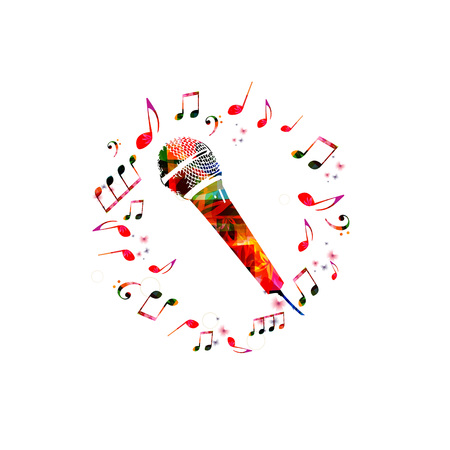 Music background with microphone. Colorful microphone with music notes isolated vector illustrationのイラスト素材