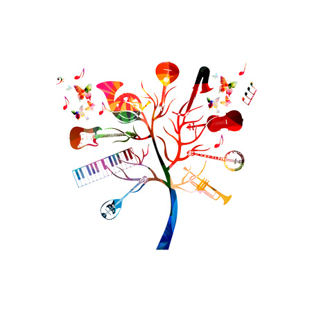 Music instruments background with tree. Colorful guitar, piano keyboard, french horn, saxophone, trumpet, violoncello, banjo, traditional Portuguese guitar and bouzoukiのイラスト素材