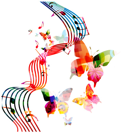 Music notes background. Colorful stave with music notes and butterflies isolated vector illustrationのイラスト素材
