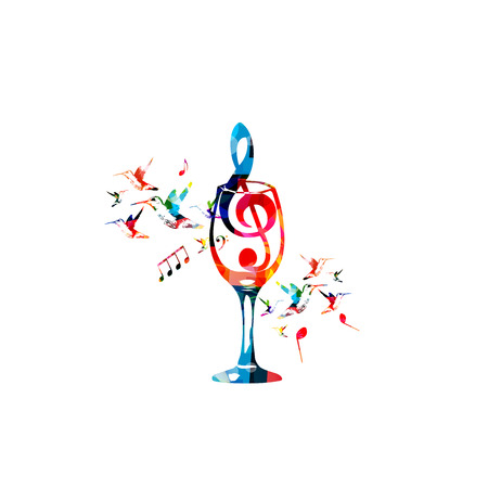 Colorful wineglass with G-clef and music notes isolated vector illustration. Background for restaurant poster, restaurant menu, music events and festivalsのイラスト素材