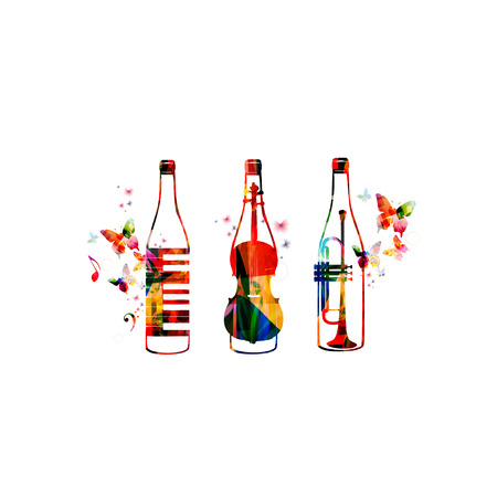 Colorful bottles with music instruments, piano keyboard, violoncello and trumpet isolated vector illustration. Background for restaurant poster, restaurant menu, music events, live music and festivalsのイラスト素材