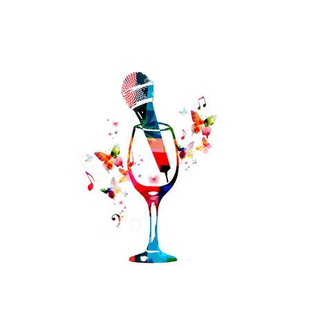 Colorful wineglass with microphone and music notes isolated vector illustration. Background for restaurant poster, restaurant menu, music events, live music, karaoke party and festivalsのイラスト素材