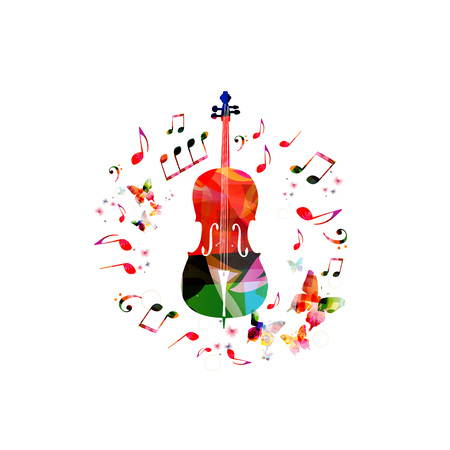 Music instrument background. Colorful violoncello with music notes isolated vector illustrationのイラスト素材