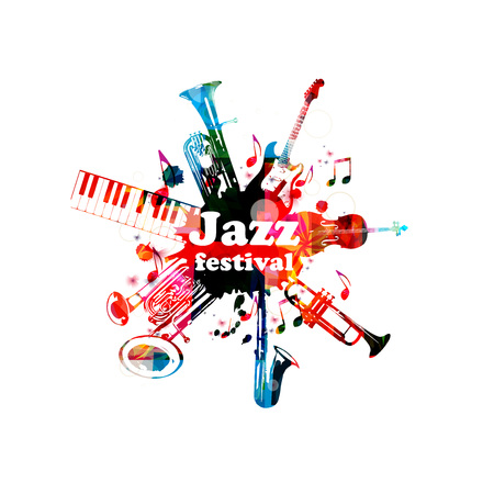 Music poster for jazz festival with music instruments. Colorful euphonium, piano keyboard, double bell euphonium, saxophone, trumpet, violoncello and guitar with music notes isolated designのイラスト素材