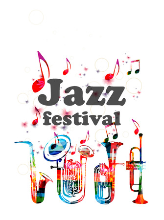 Music poster for jazz festival with music instruments. Colorful euphonium, double bell euphonium, saxophone and trumpet with music notes isolated designのイラスト素材