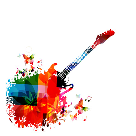 Music instrument background. Colorful guitar with music notes isolated vector illustrationのイラスト素材