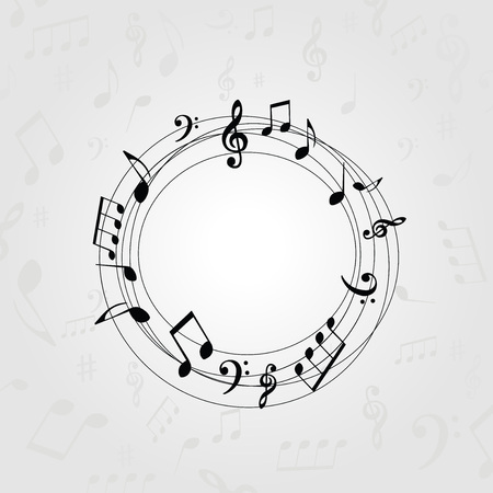 Black and white music banner with music notes. Music elements frame for card, poster, invitation. Music background design vector illustrationのイラスト素材