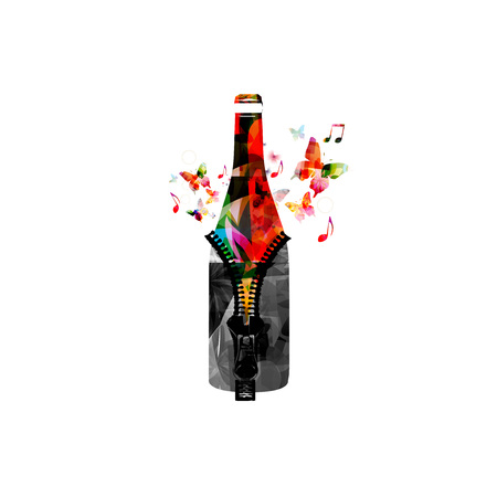 Colorful bottle with zipper isolated vector illustration. Background for restaurant poster, restaurant menu, wine tasting eventのイラスト素材