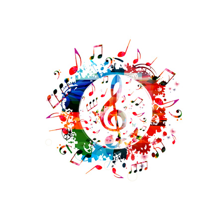 Colorful music poster with music notes. Music elements banner for card, poster, invitation. Colorful G-clef. Music background design vector illustrationのイラスト素材