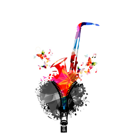 Music colorful design with saxophone. Music instrument vector illustration. Saxophone instrument with music notes and zipperのイラスト素材