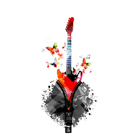 Music colorful design with guitar. Music instrument vector illustration. Guitar instrument with music notes and zipperのイラスト素材