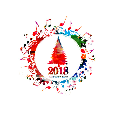 Christmas tree vector illustration with music notes. Happy New Year 2018 inscription with colorful christmas tree design backgroundのイラスト素材