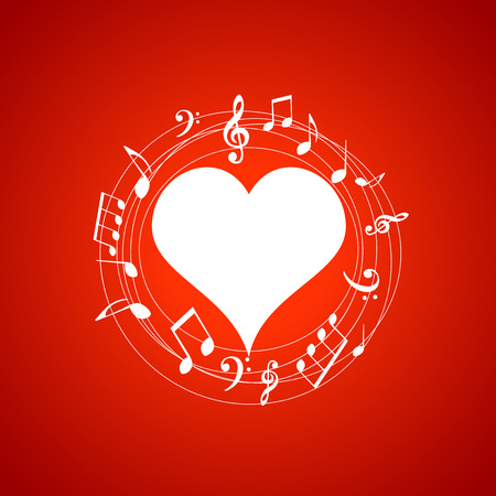 Heart shaped frame with music notes on red background. Music elements for card, poster, party invitation. Music background design vector illustrationのイラスト素材