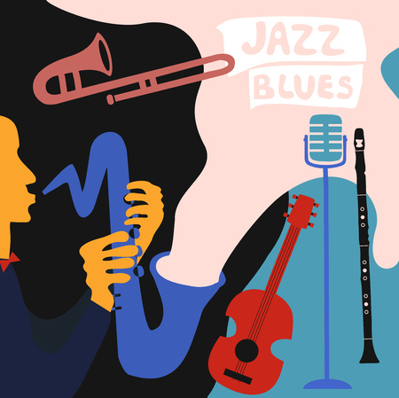 Jazz music festival poster with music instruments. Saxophone, trumpet, guitar, clarinet and microphone flat vector illustration.のイラスト素材