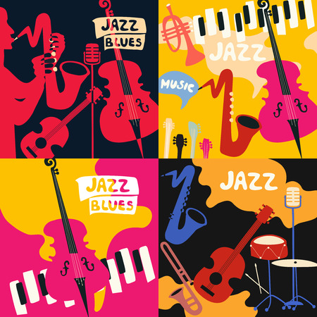 Set of music cards and banners. Music cards with instruments flat vector illustration. Jazz music festival banners. Colorful jazz concert postersのイラスト素材