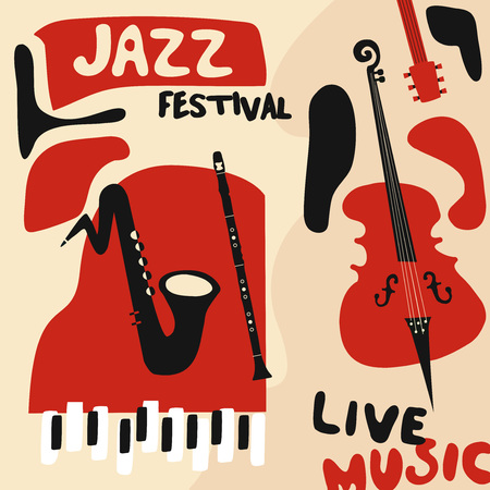 Jazz music festival poster with music instruments. Saxophone, violoncello, piano and clarinet flat vector illustration. Jazz concertのイラスト素材