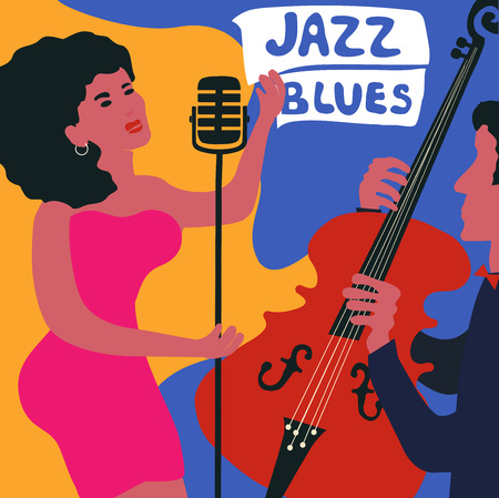 Jazz music festival colorful poster with violoncello player and woman singer. Female singer with violoncellist flat vector illustration.のイラスト素材
