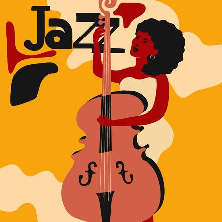 Jazz music festival colorful poster with woman musician playing violoncello. Violoncello player flat vector illustration. Jazz concertのイラスト素材