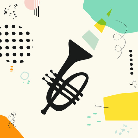 Music colorful background with trumpet vector illustration. Geometric music festival poster, creative trumpet design. Music instrument isolated.のイラスト素材