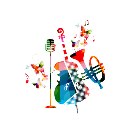 Music colorful background with violoncello, trumpet and microphone vector illustration design. Music festival poster, creative music instruments with music notes isolatedのイラスト素材