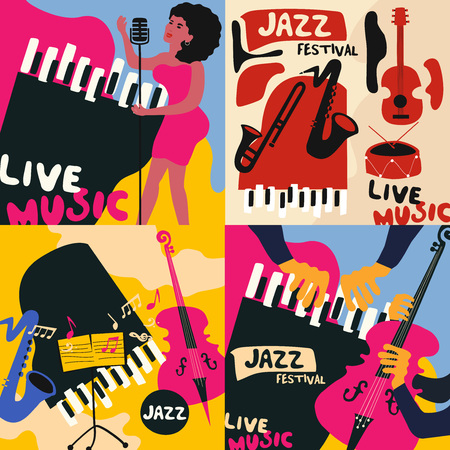 Set of music cards and banners. Music cards with instruments flat vector illustration. Jazz music festival banners. Colorful jazz concert postersのイラスト素材